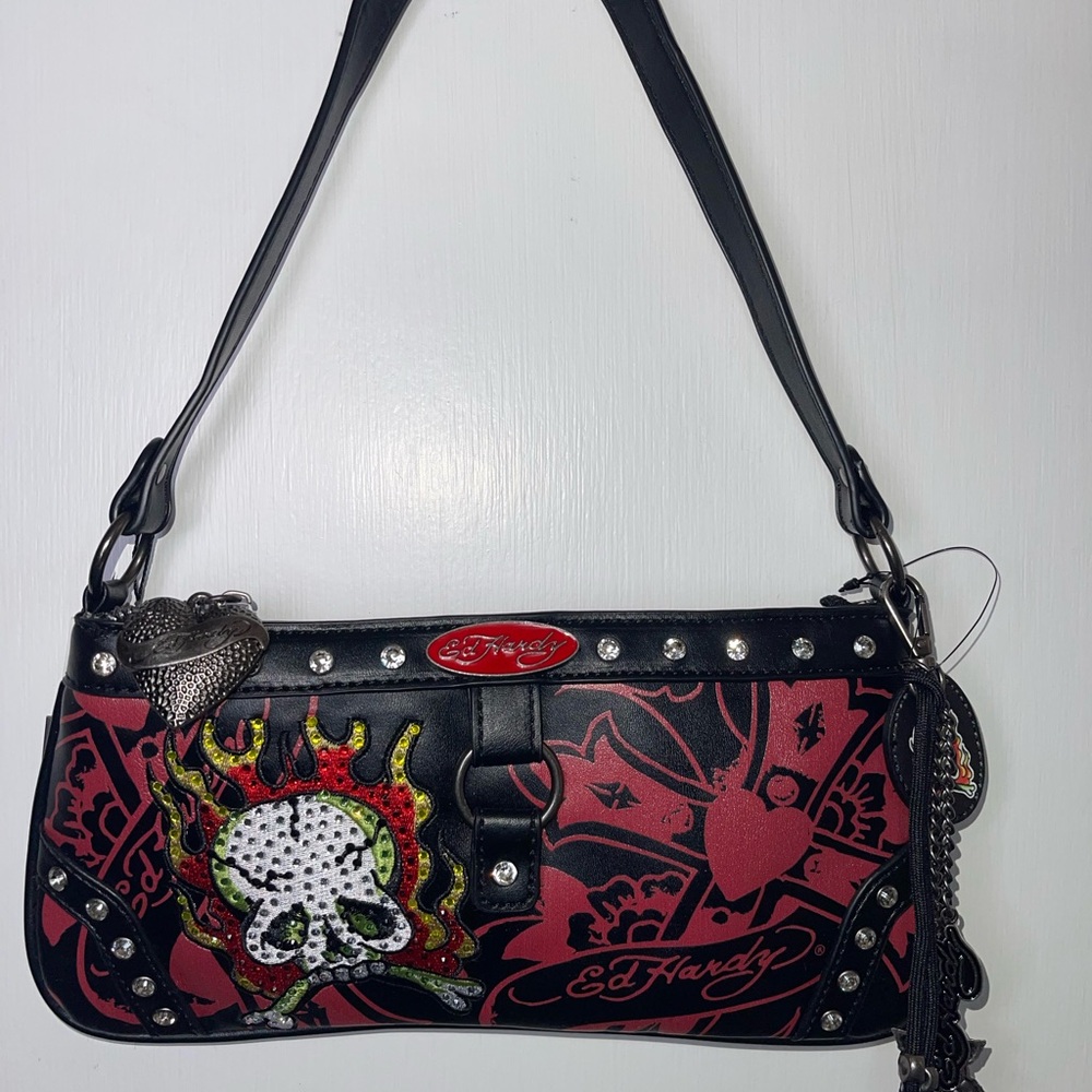 NWT Ed Hardy Black and Red Shoulder Bag with Skull Design